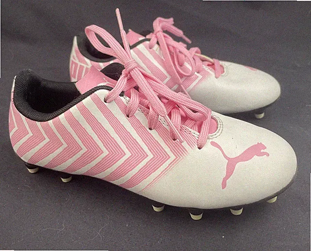 Puma Kids Size 13 Euro 31 White & Pink Tacto II FG/AG Soccer Cleats 106704-05