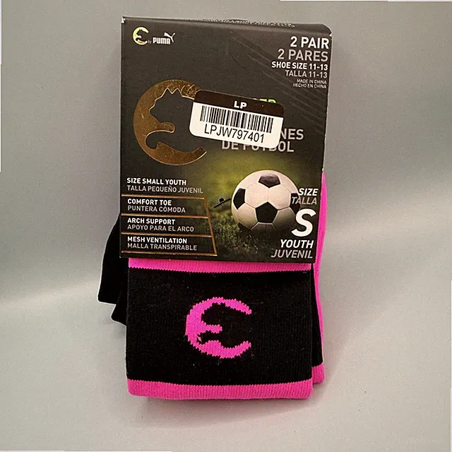 Puma Kids Youth Soccer Socks 2-Pair Black Hot Pink Arch Support Mesh Vent Size S