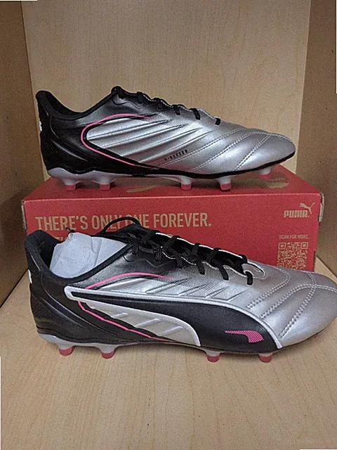 Puma King Pro FG/AG Soccer Cleat, Silver-Black-Pink, Adult sizes