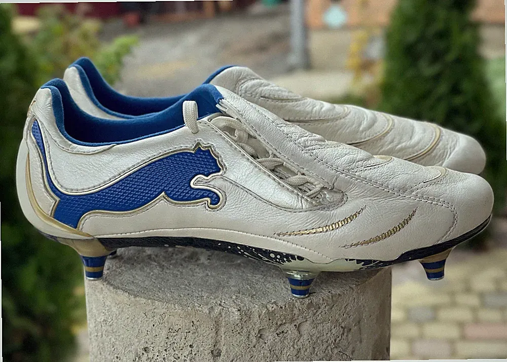 Puma PowerCat 1.10 SG White Blue Kangaroo Leather Soccer Cleats Size US7,5 UK6,5