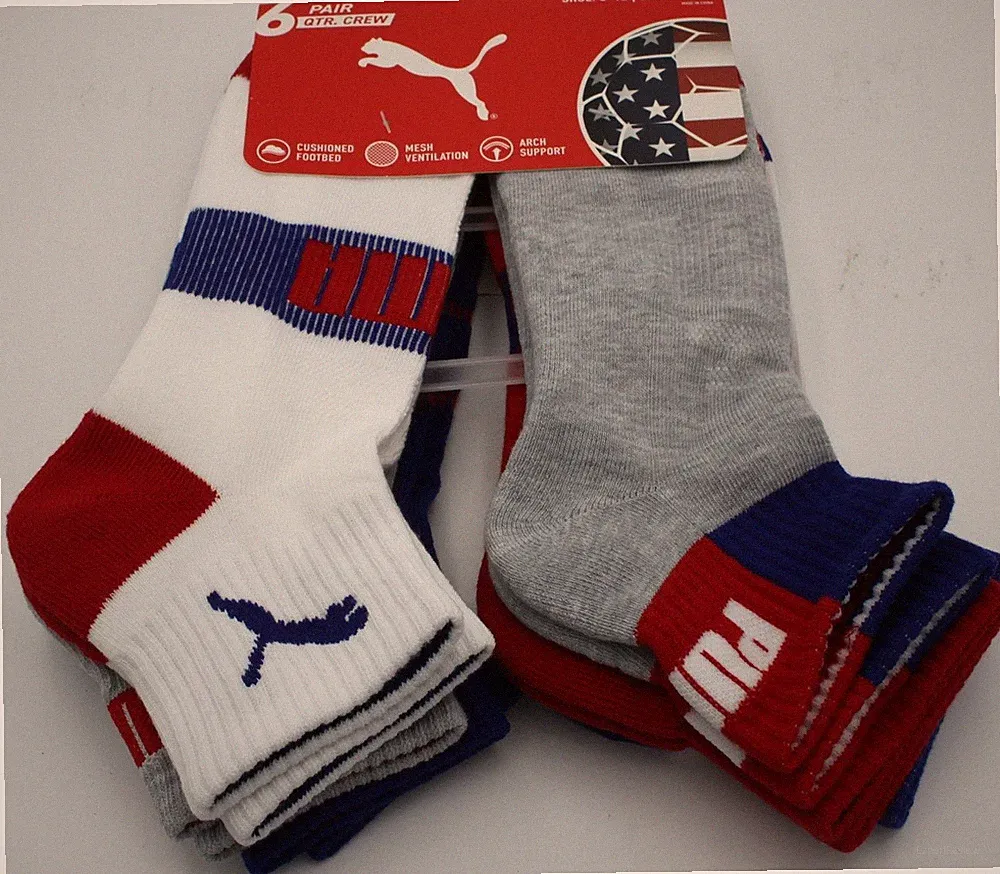 Puma QTR Crew USA FIFA Soccer Socks Men 6 Pack Arch Support 10-13 Red White Blue