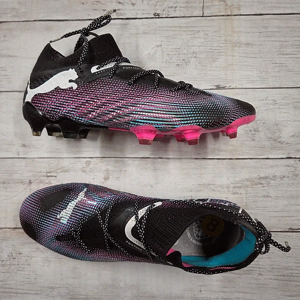 Puma Soccer Cleats Womens 8 Black Future Ultimate FG/AG 107701-04 Pink Blue Knit