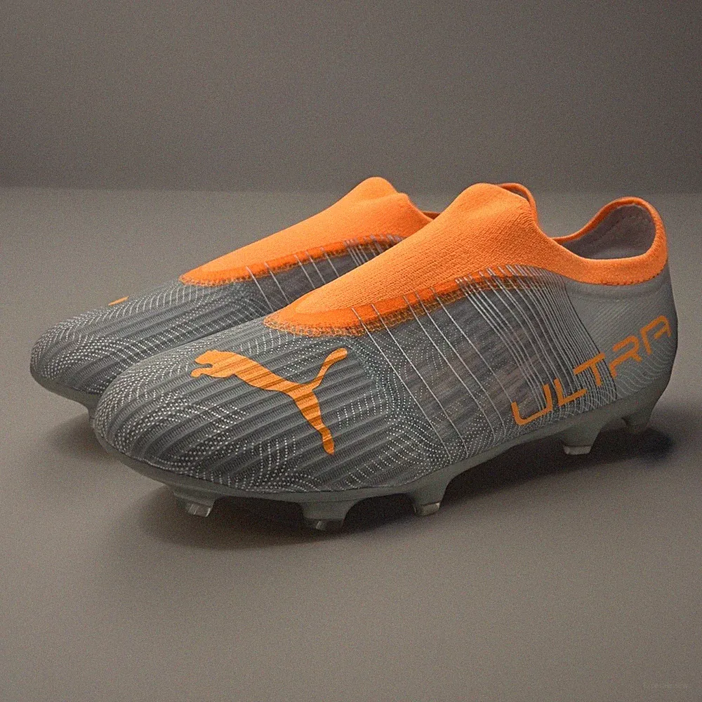 PUMA Ultra Jr FG/AG Soccer Cleats Youth 5C LACELESS Silver Orange 106738-01