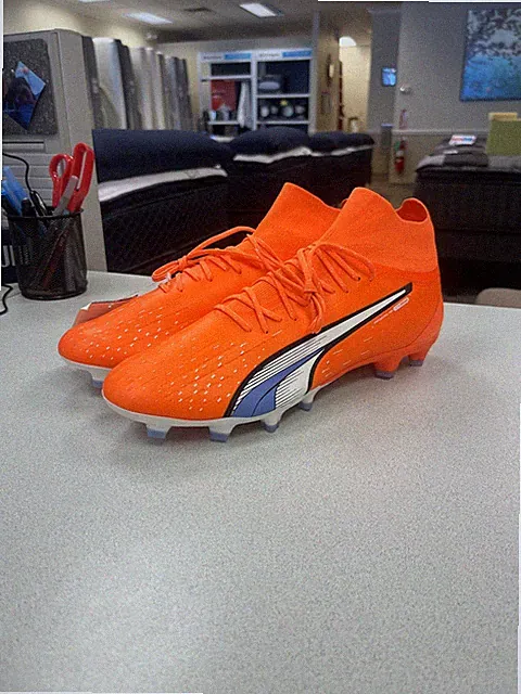 PUMA Ultra Pro FG/AG Orange White Blue 107240-01 Men's Cleats Tried On Size 13