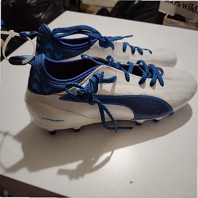 Rare Puma Evotouch 1 FG Leather Football Soccer Cleats White Blue Sz 6.5 Men