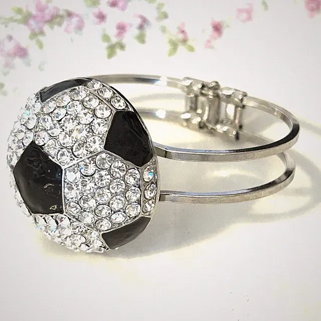 Rhinestone Soccer Ball Bracelet Hinged Cuff Silver Tone Sports Mom Bling