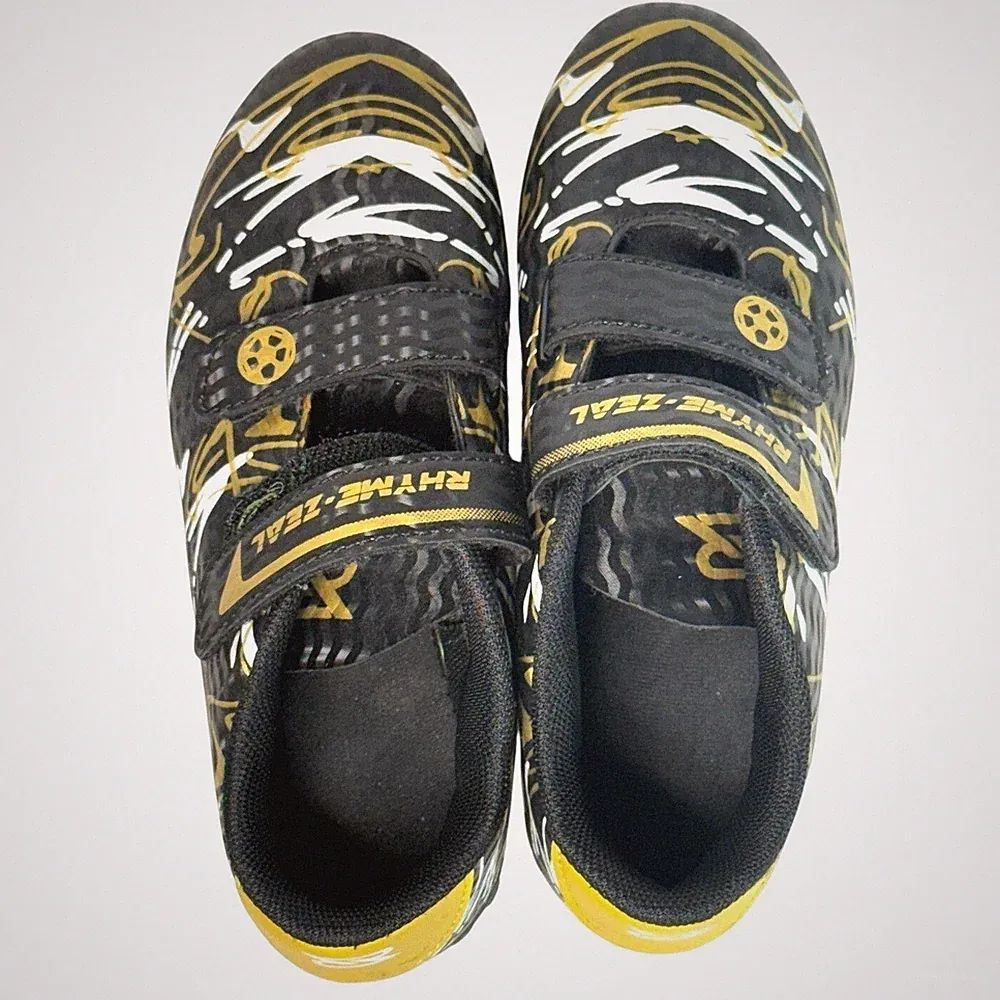 Rhyme Zeal Kids Soccer Cleats Black Gold White Turf Shoes Hook Loop Size EUR 31