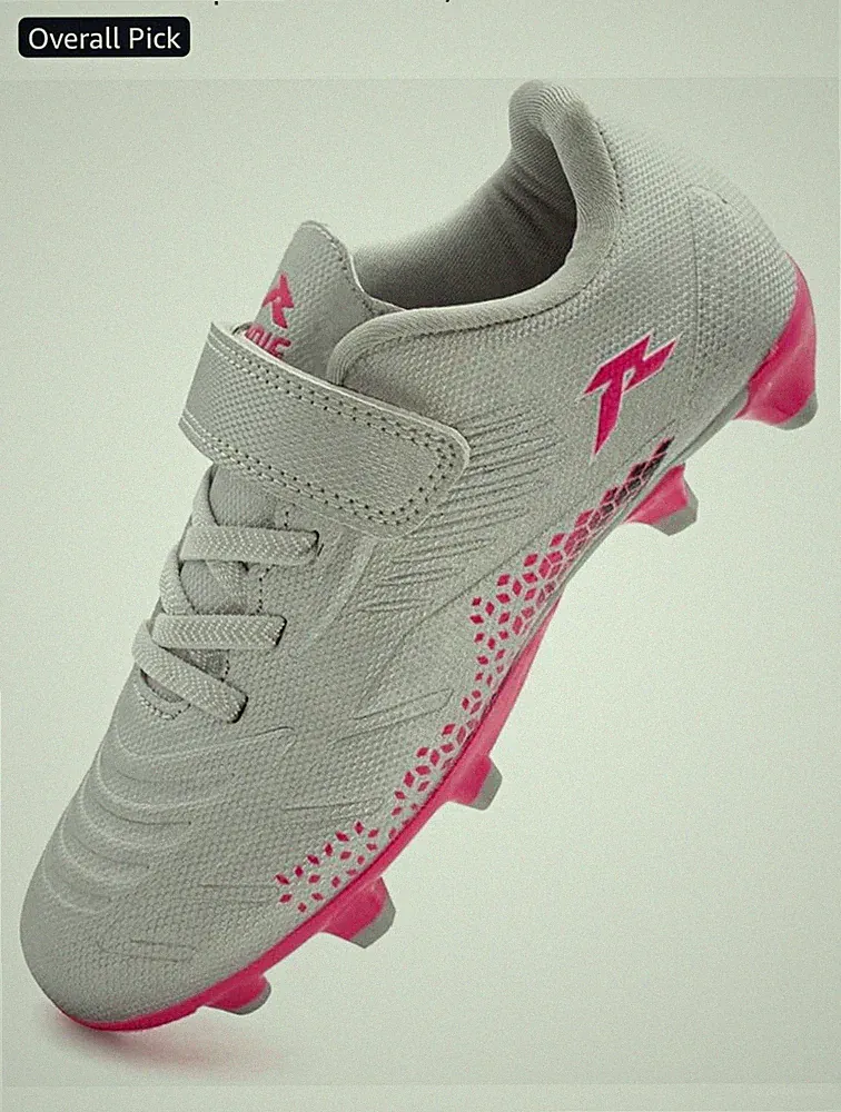 RUNIC Kids Unisex Soccer Cleats Hook and Loop Closure Gray Pink