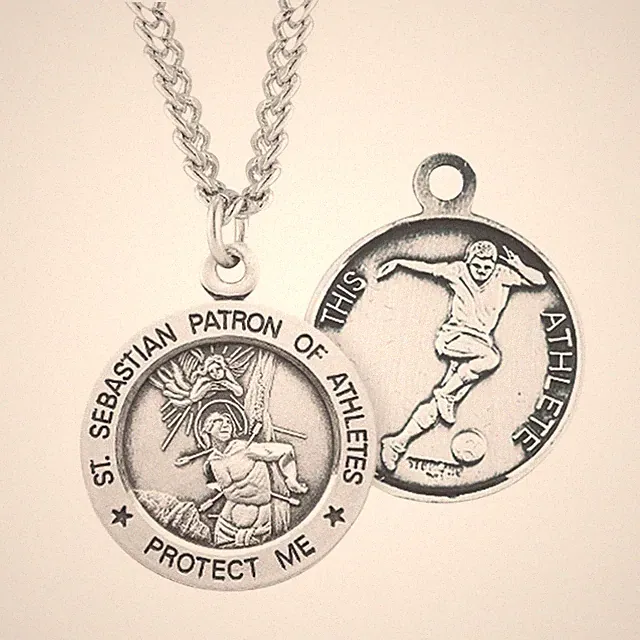 Saint Sebastian Round Sterling Silver Soccer Male Athlete Medal Necklace 24"