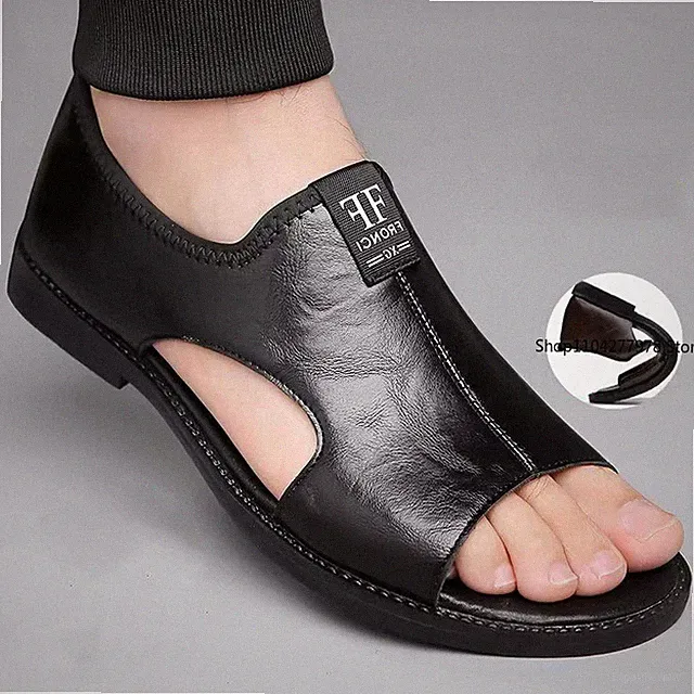 Sandals for Men Brand Fashion Shoes Outdoor Slipper Leather Beach Footwear Black