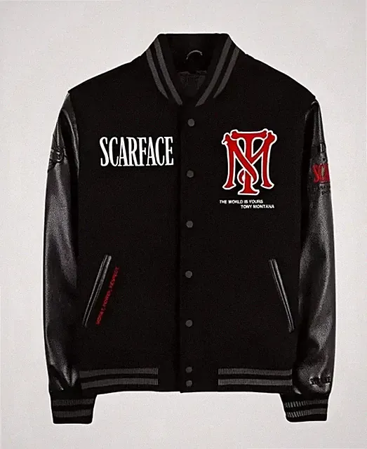 Scarface The World Is Yours Varsity Jacket Black Unisex Handmade Streetwear