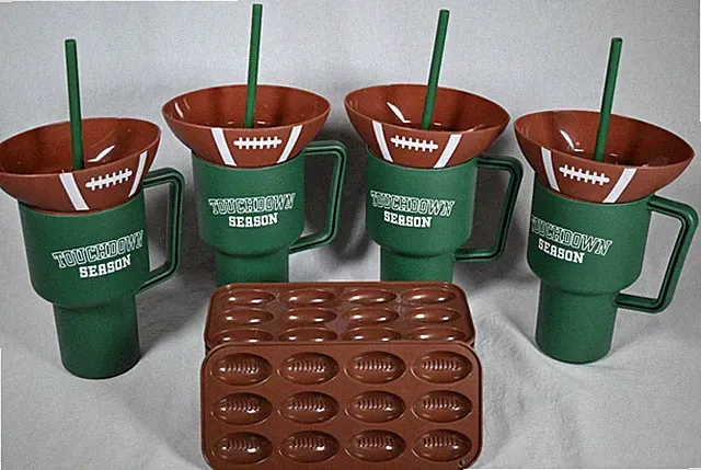 Set of (14) Football Party 2 In 1 Green Tumbler w/Snack Bowl & Ice Candy Molds