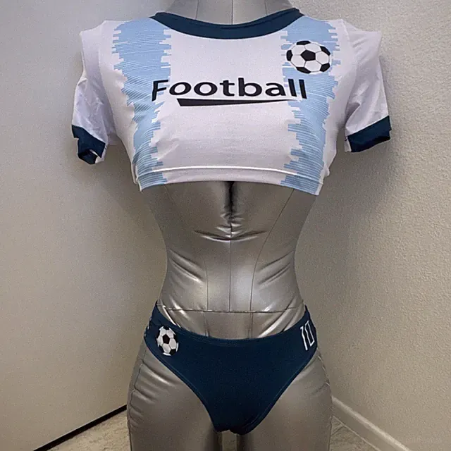 Sexy Football White Blue Graphic Print Crop Top Bottom Set Soccer Ball Women XS
