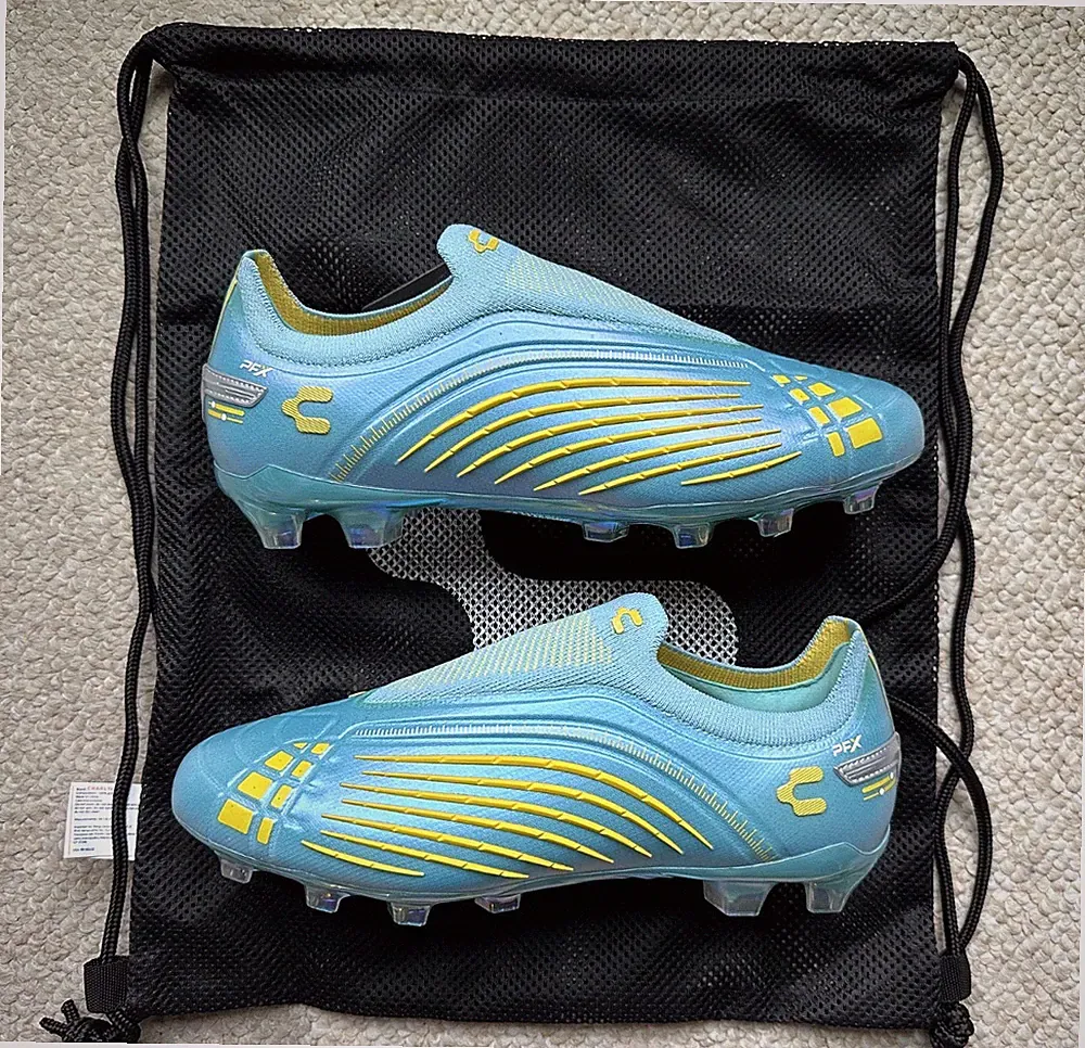 Size 10-Charly Stingr Laceless PFX AG (Firm Ground) Soccer Cleats - Aqua/Yellow