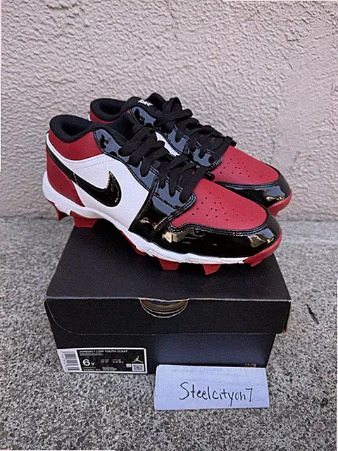 Size 6 - Air Jordan 1 Low Patent Bred Toe Football Cleats HF6885-601