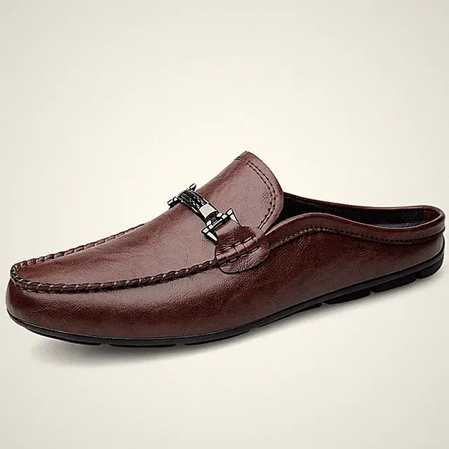 Slip on Half Shoes Men Handmade Leather Slippers Loafers Flat Moccasins Big Size