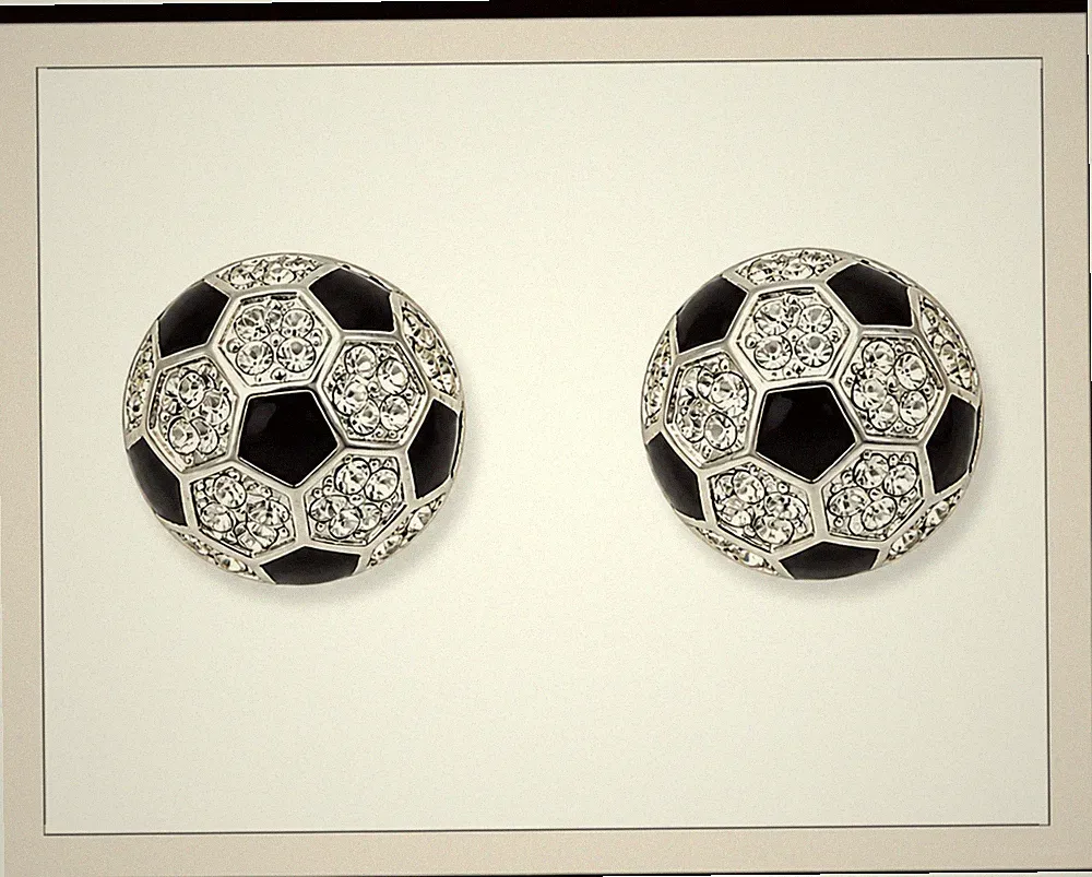 Small Black & Clear Crystal Soccer Ball Earrings Sports Pierced Silver Plated