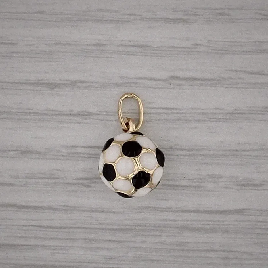 Small Soccer Ball Charm 14k Yellow Gold Enamel Pendant