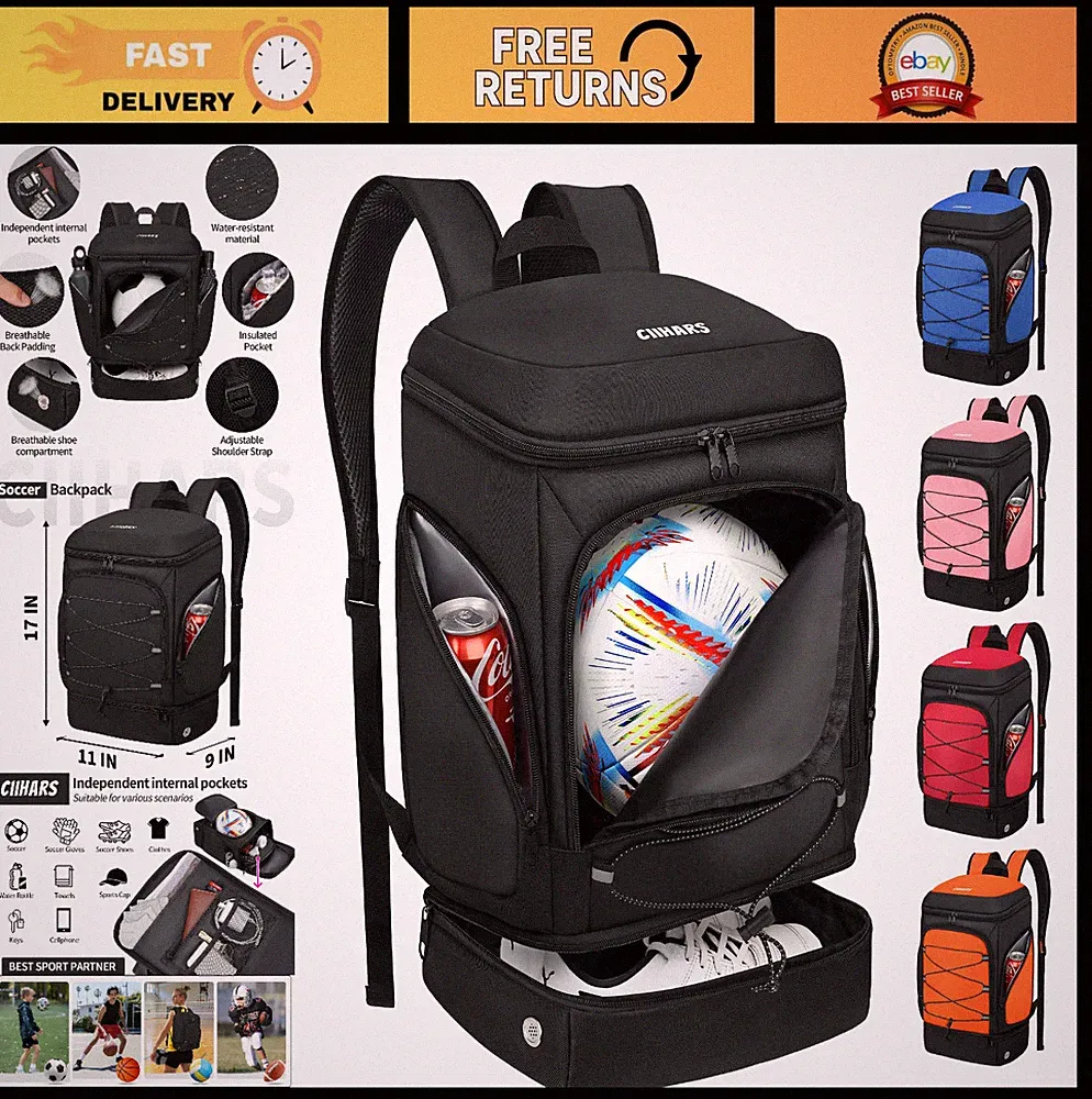 Soccer Backpack with Ball Holder - Water-Resistant Sports Gear Bag for Cleats, B