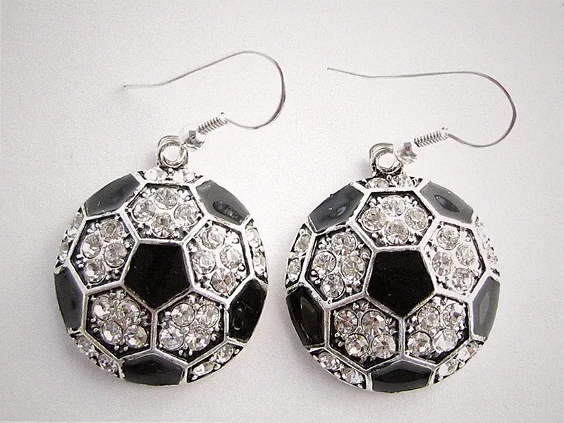 Soccer Ball Black Enamel Clear Crystal Fashion Silver Earrings Jewelry Futball