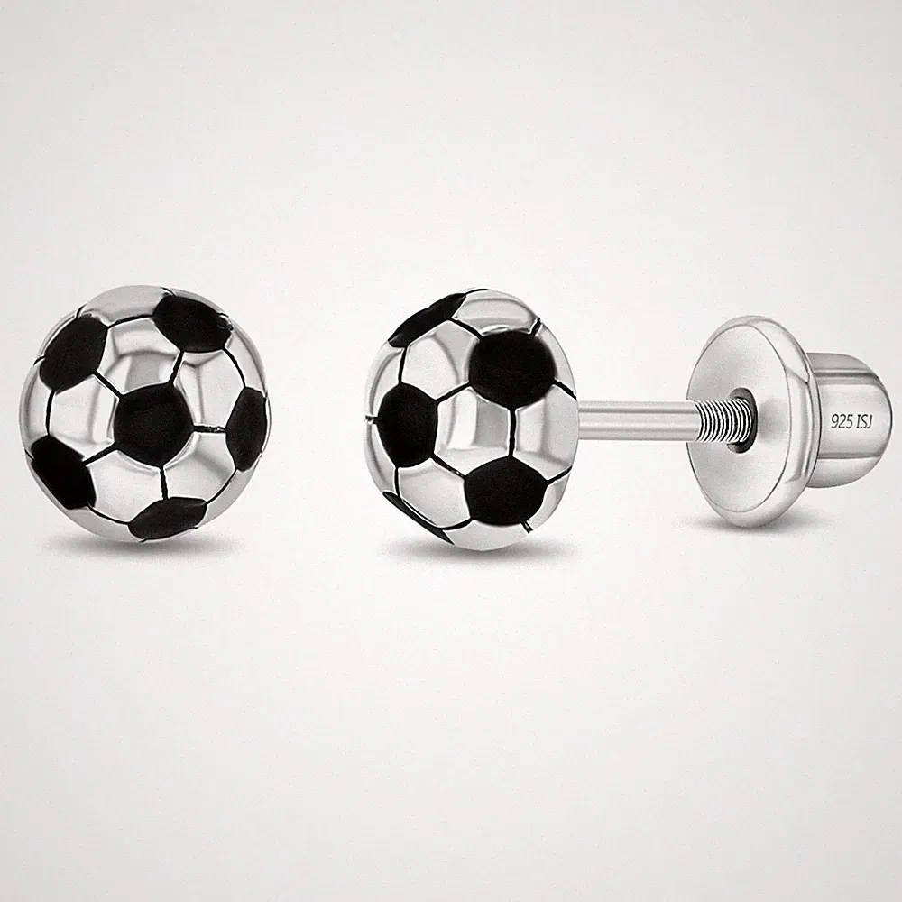 Soccer Ball Children's / Girls Earrings Screw Back Enamel - Sterling Silver