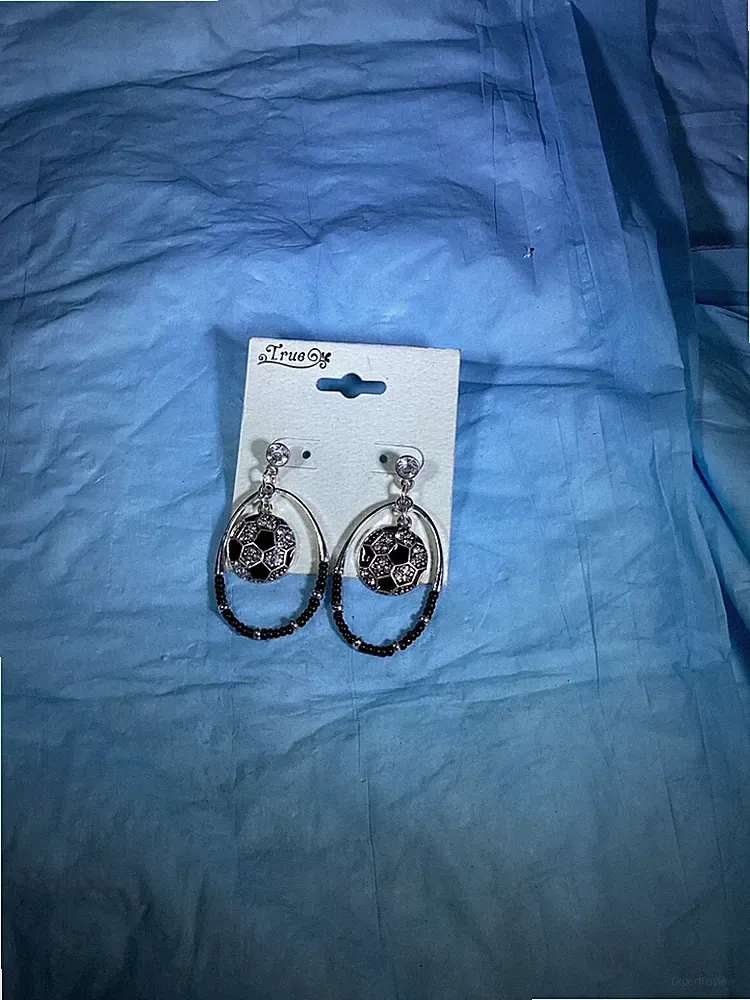 Soccer Ball Earrings Black Enamel Clear Crystal Fashion Silver Jewelry Futball