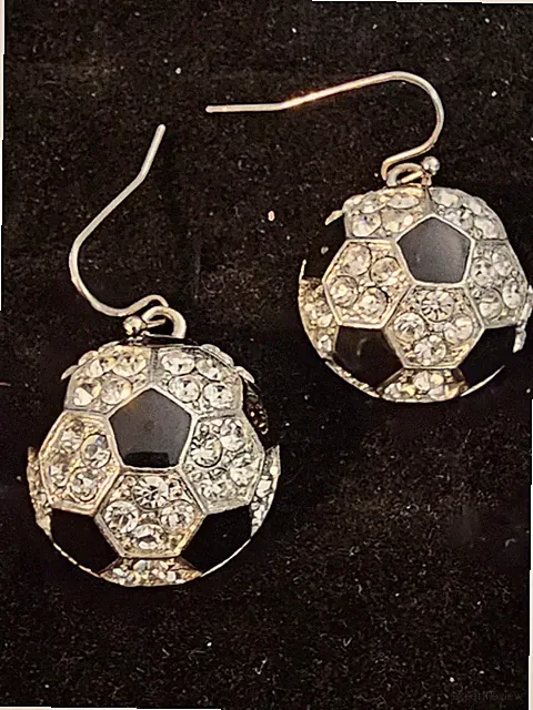 Soccer Ball Earrings Black Enamel Clear Crystal Fish Hook Silver Tone Jewelry