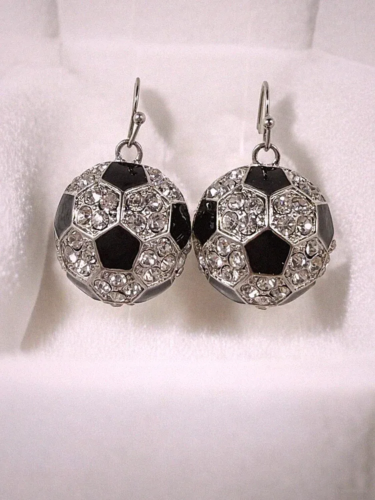Soccer Ball Earrings Silver Tone Sparkling Sports Charm Hook Earrings Gift