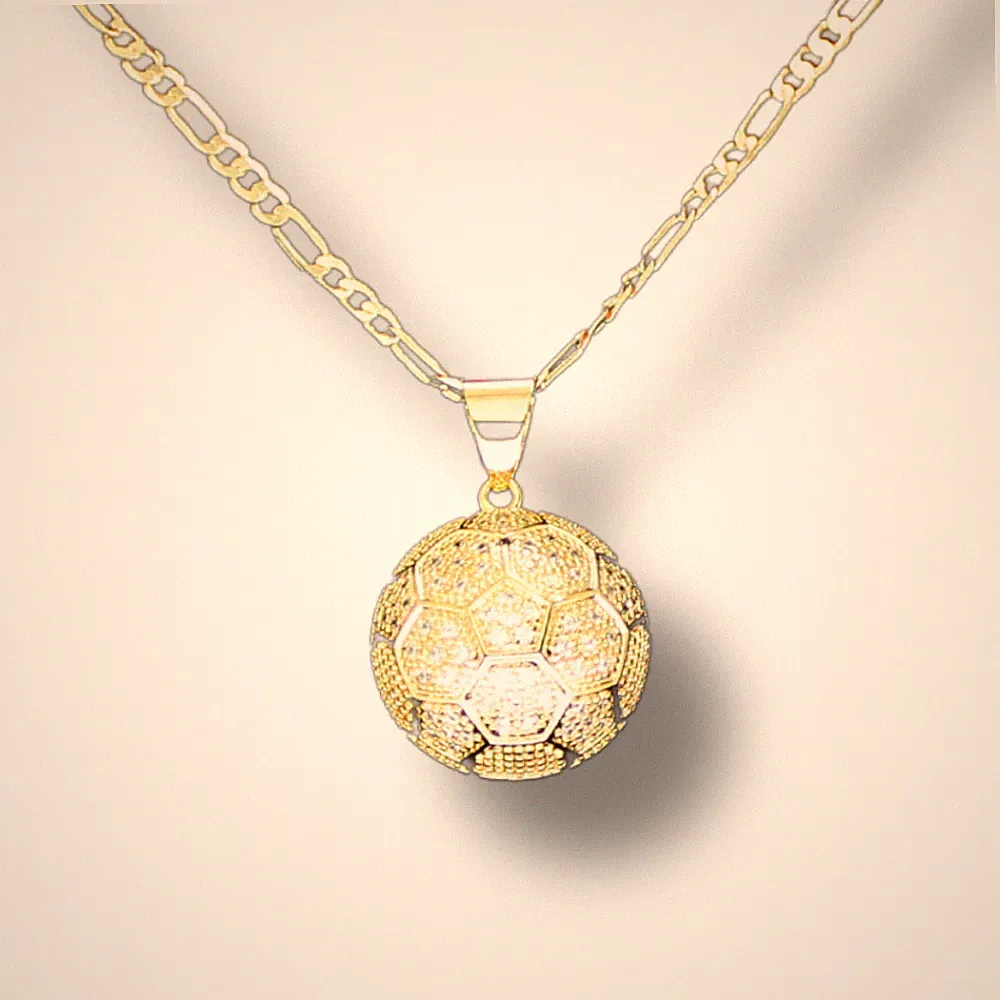 Soccer Ball iced Cz Pendant 14k Gold Plated 20" Figaro Chain Men's Necklace