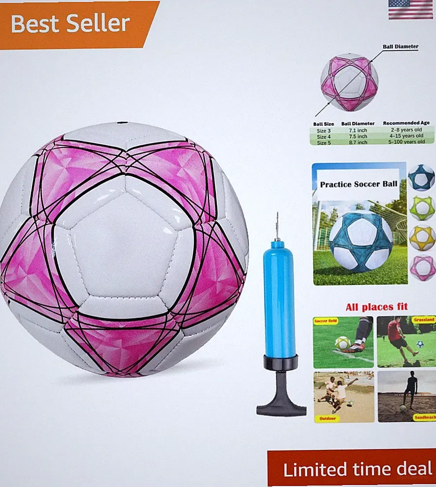Soccer Ball Size 3,4,5 Soft PU for Practice Training Gift Boys Girls Come wit...