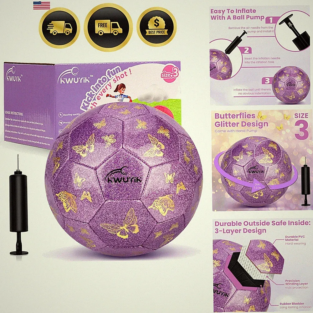 Soccer Ball Size 3 4 Purple Pink Glitter Butterfly Football for Kids Sparkle...