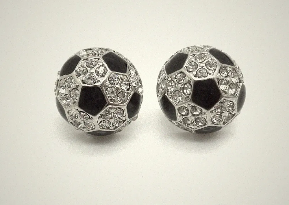 Soccer Ball Stud Earrings Women Silver Plated Black And Clear Crystals New 1/2"