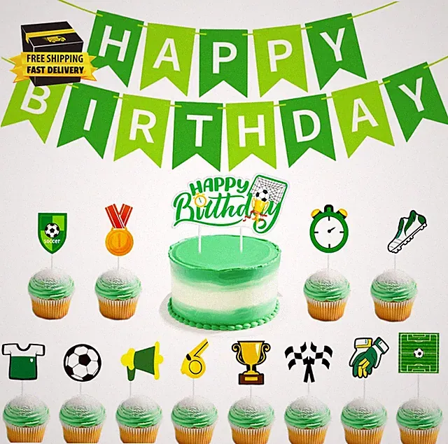 Soccer Banner Happy Birthday Party Topper -13PCS Soccer Cake Decoration Set for