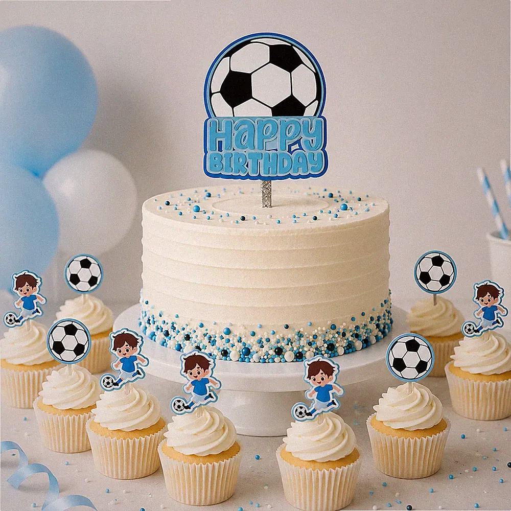 Soccer Birthday Cake Topper Set with 12 Cupcake Toppers.