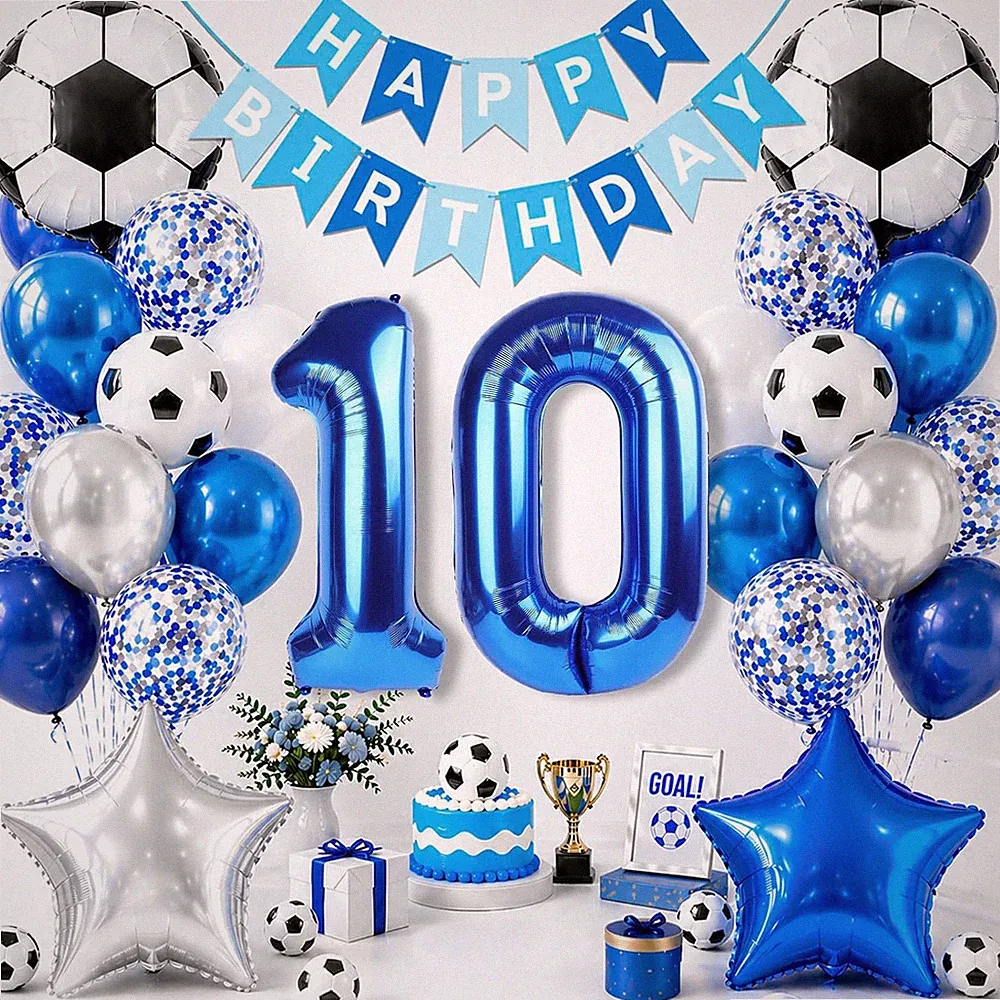 Soccer Birthday Party Decorations, Blue Number 10 Balloon, Blue and White Soccer