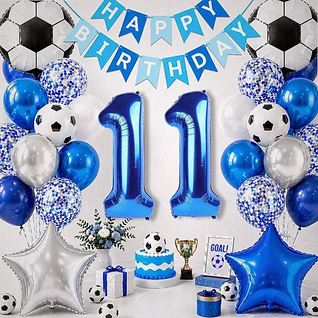 Soccer Birthday Party Decorations, Blue Number 11 Balloon, Blue and White Soccer