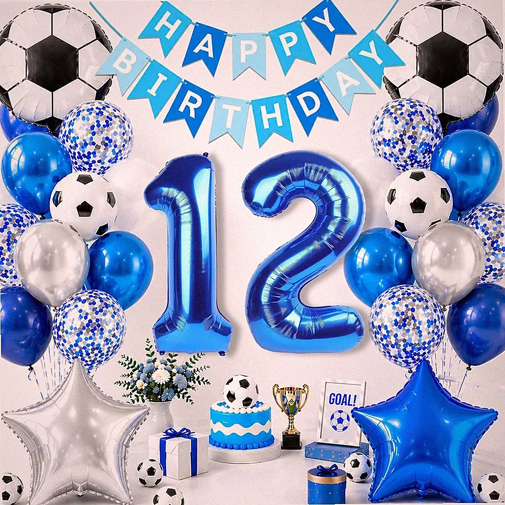 Soccer Birthday Party Decorations, Blue Number 12 Balloon, Blue and White Soccer