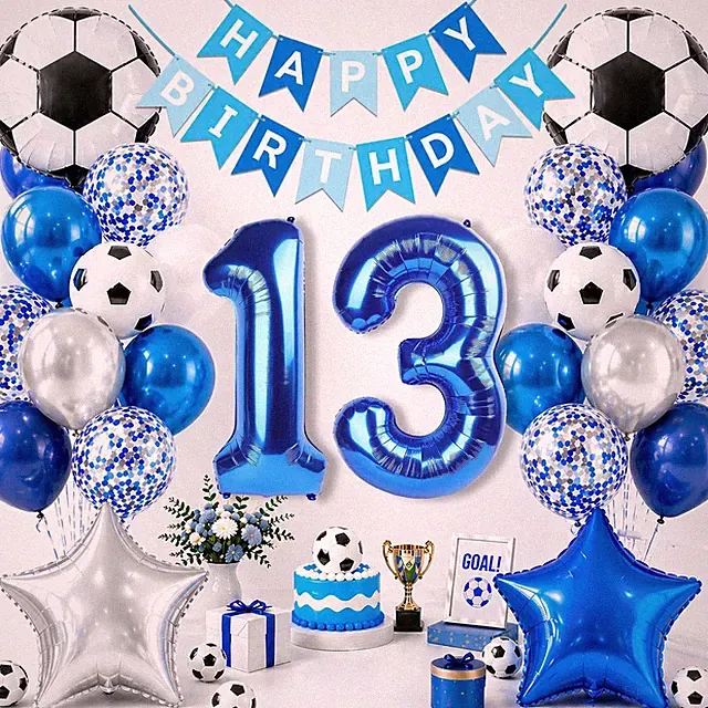 Soccer Birthday Party Decorations, Blue Number 13 Balloon, Blue and White Soccer