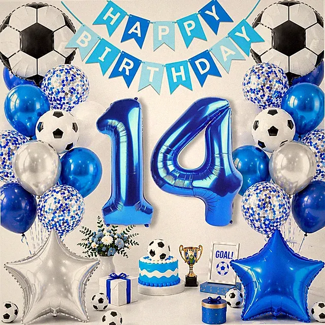 Soccer Birthday Party Decorations, Blue Number 14 Balloon, Blue and White Soccer