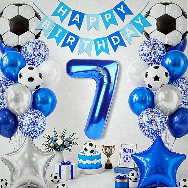 Soccer Birthday Party Decorations, Blue Number 7 Balloon, Blue and White Soccer