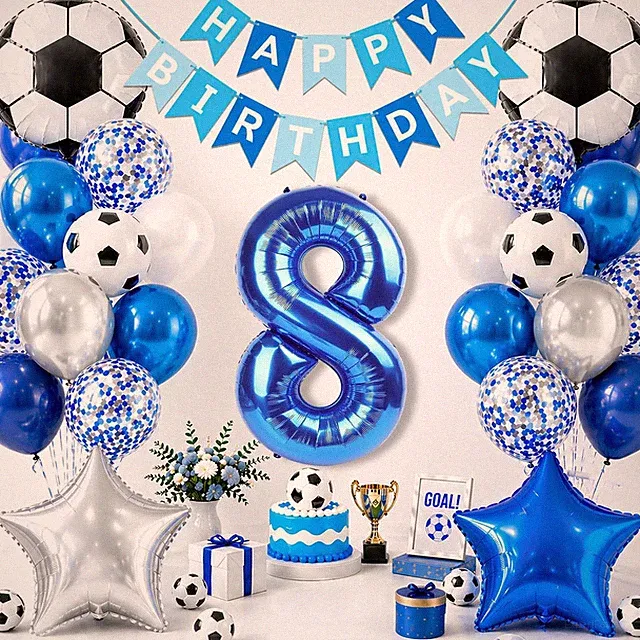 Soccer Birthday Party Decorations, Blue Number 8 Balloon, Blue and White Soccer