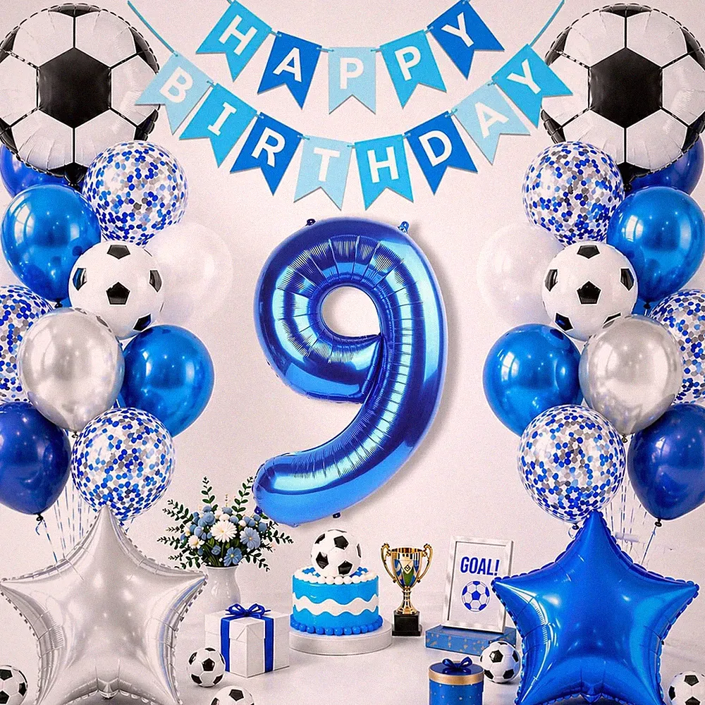 Soccer Birthday Party Decorations, Blue Number 9 Balloon, Blue and White Soccer