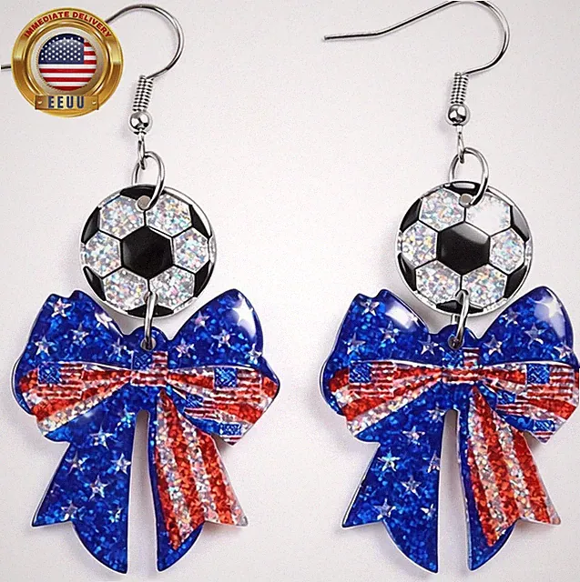 Soccer Bow Earrings for Women American Flag Dangle Earrings Football Ball USA Ea