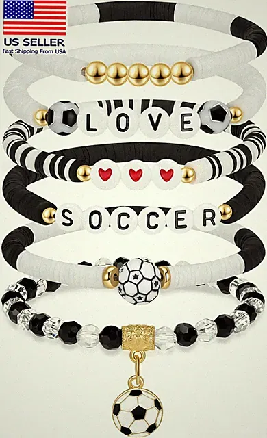 Soccer Bracelets for Girls, 6PCS Stackable Soccer Beaded Bracelet Set, Soccer Je