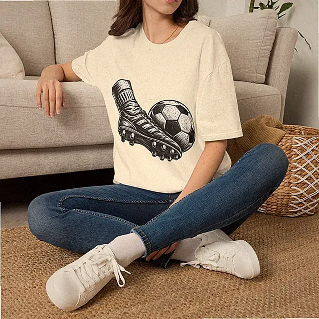 Soccer Cleat Ball Woodcut Vintage Printmaking Unisex Softstyle T-Shirt
