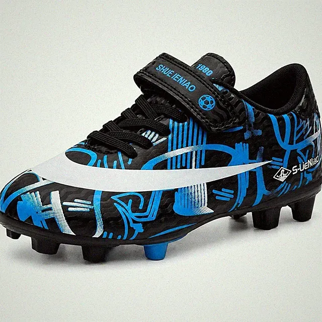 Soccer Cleats Kids Size 5 Black Blue Graphic Lace Up Studs Firm Ground