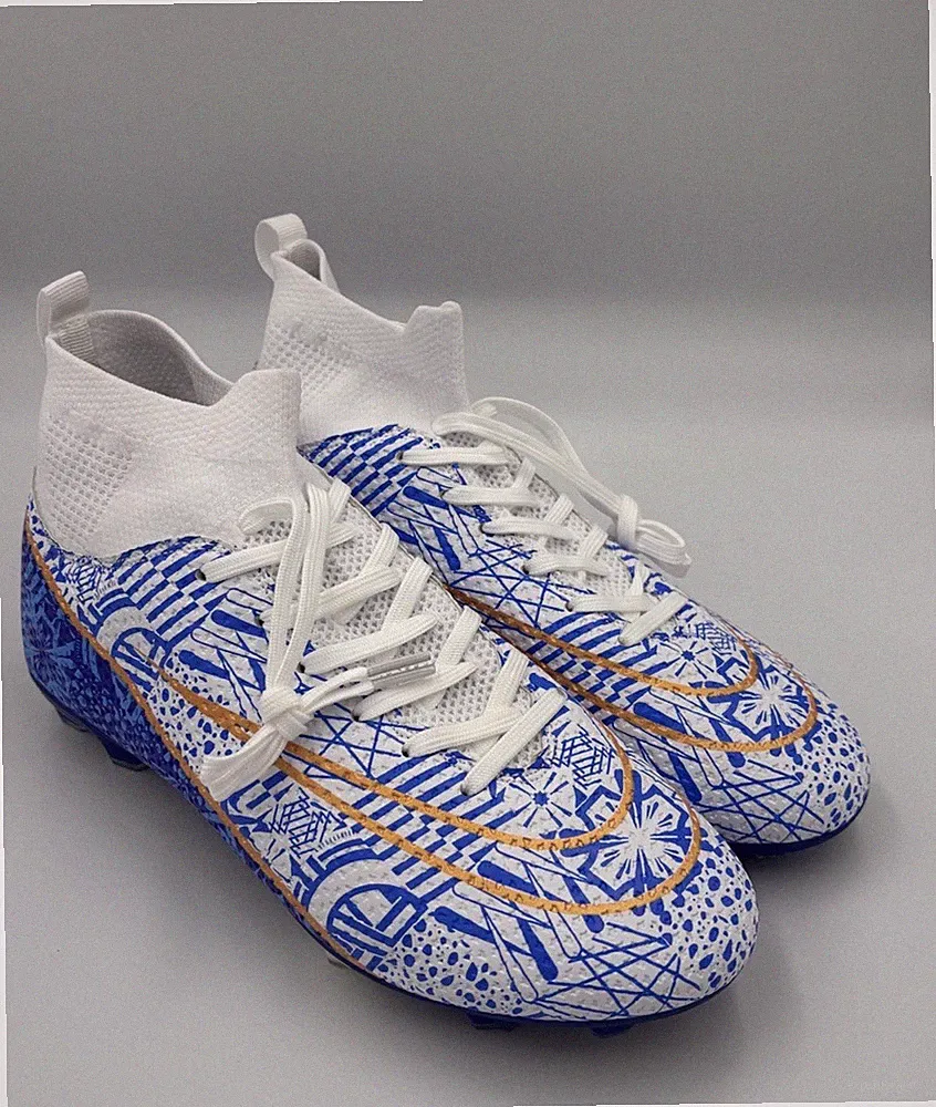 Soccer Cleats White Blue Football Sock Style Boots. Size EU 39 US M6.5/ W8