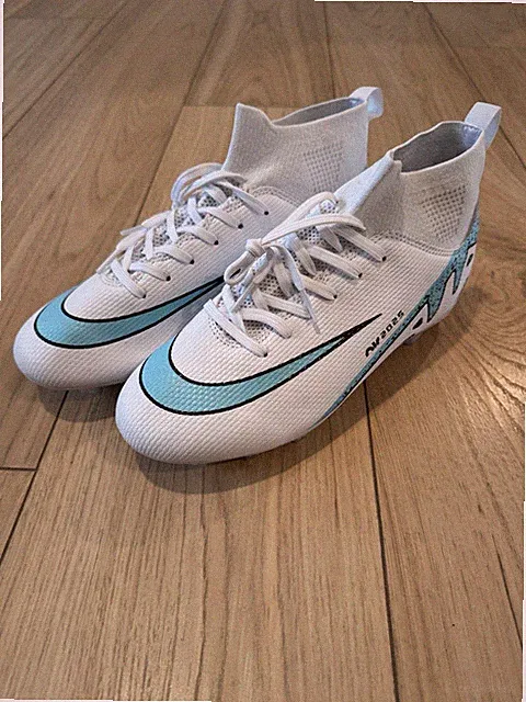 Soccer Cleats White Blue Football Sock Style Boots. Size EU 39 US M6.5/ W8