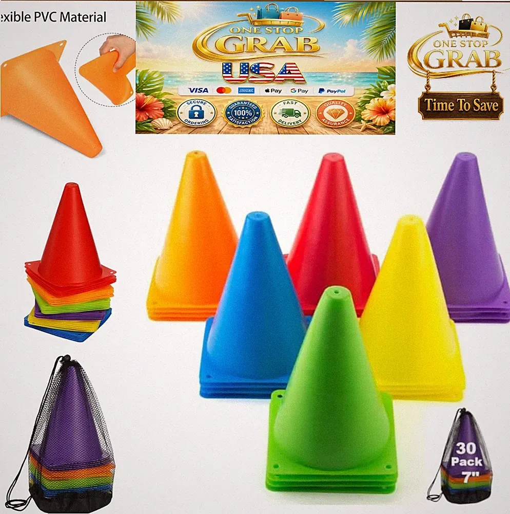 Soccer Cones 30 Pack 7 Inch Plastic Training Agility Markers 6 Colors Field