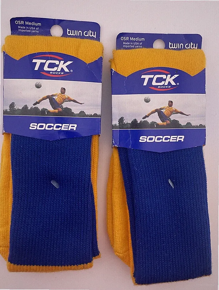 Soccer Med Tube Socks Two Pair Blue &Yellow Twin City Knitting Co. New Old Stock